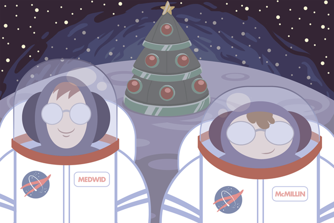 two cartoonish astronauts in front of a Christmas tree rocket